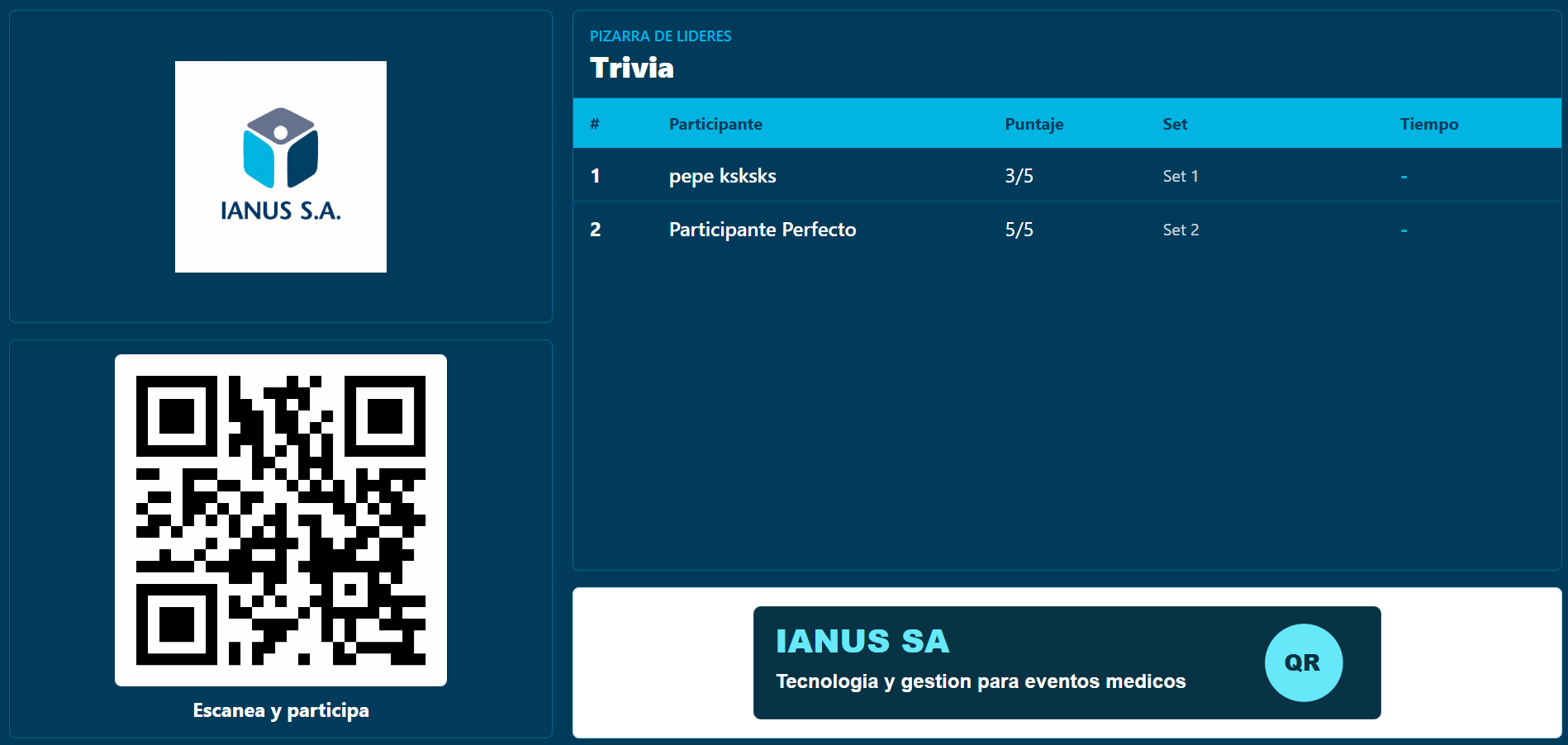 Pantalla pública de ranking, QR de acceso y barra de patrocinadores